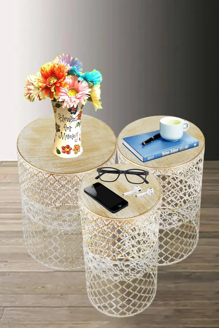 Venon Aydınlatma Venon Home Metal Modern Sehpa 3.lü Takım (250X480)+(300X480)+(350X480) Krem Sarı Patine