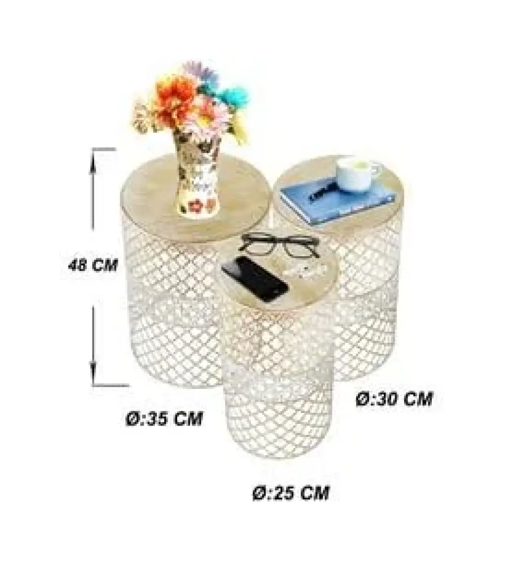 Venon Aydınlatma Venon Home Metal Modern Sehpa 3.lü Takım (250X480)+(300X480)+(350X480) Krem Sarı Patine