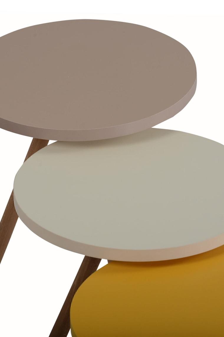 İntergo Renkli 3'lü Zigon Sehpa Ahşap Ayaklı Yuvarlak Pastel Tasarım - Cappuccino Gri Sarı