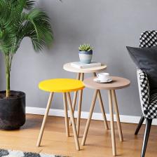 İntergo Renkli 3'lü Zigon Sehpa Ahşap Ayaklı Yuvarlak Pastel Tasarım - Cappuccino Gri Sarı