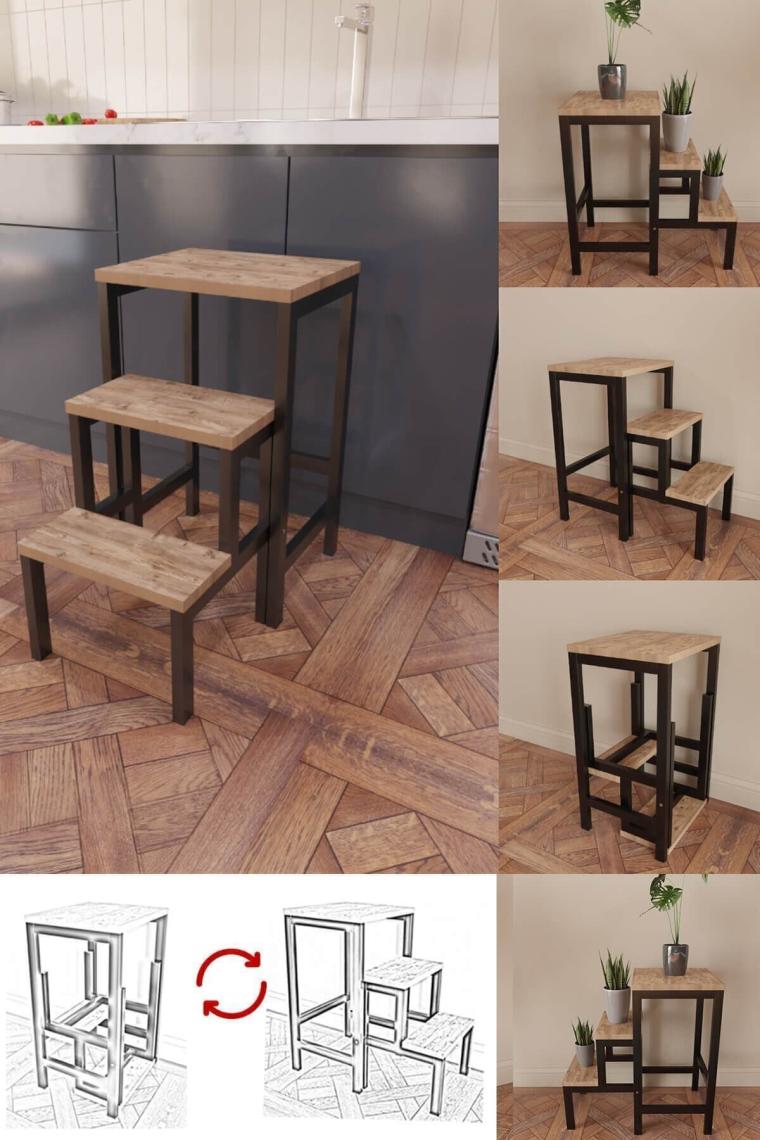 Yüceer Home Zigon Sehpa Katlanabilir Çok Amaçlı Sehpa Çiçeklik Merdiven Siyah Demirli
