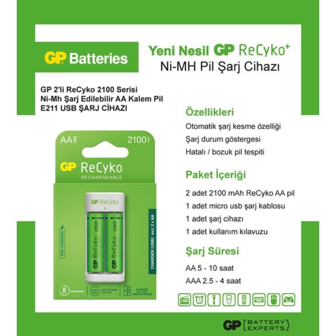 Gp E211 USB Pil Şarj Cihazı 2 Adet 2100 AA Kalem Pilli Set