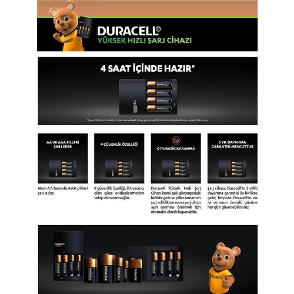 Duracell Cef14 4 Saat Pil Şarj Cihazı, 1 adet + 2'şer adet Şarj Edilebilir AA ve AAA Pil