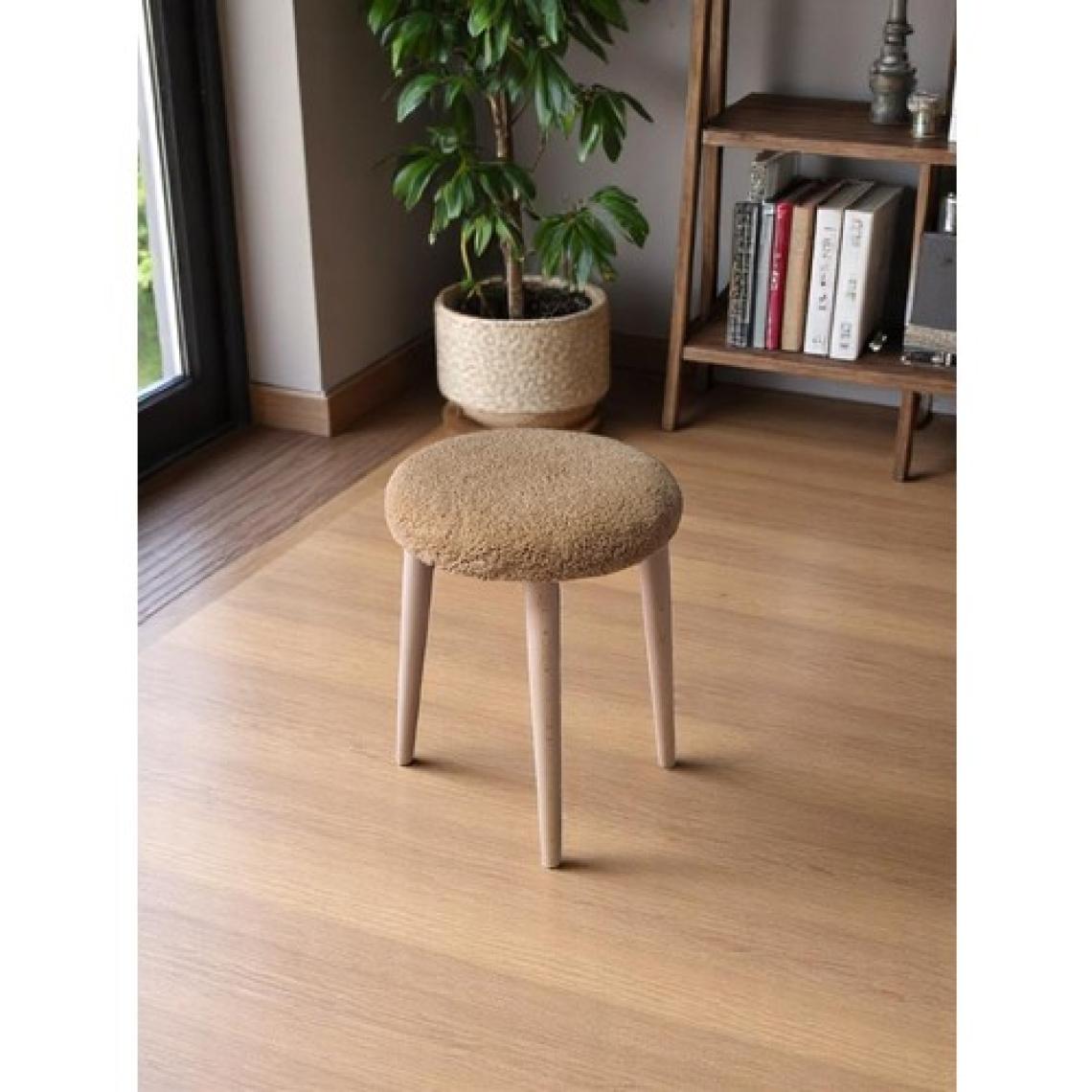 Teddy Kumaşlı Yuvarlak Tabure, Masif Ayaklı Tabure, Salon, Balkon, Makyaj Masası, Yemek Masası