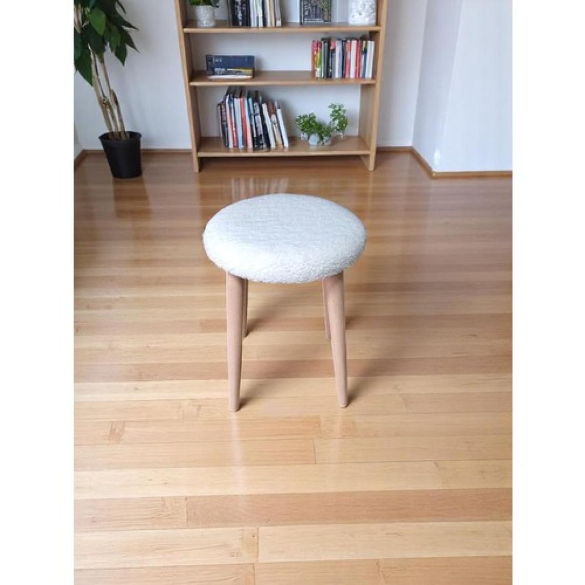 Teddy Kumaşlı Yuvarlak Tabure, Masif Ayaklı Tabure, Salon, Balkon, Makyaj Masası, Yemek Masası