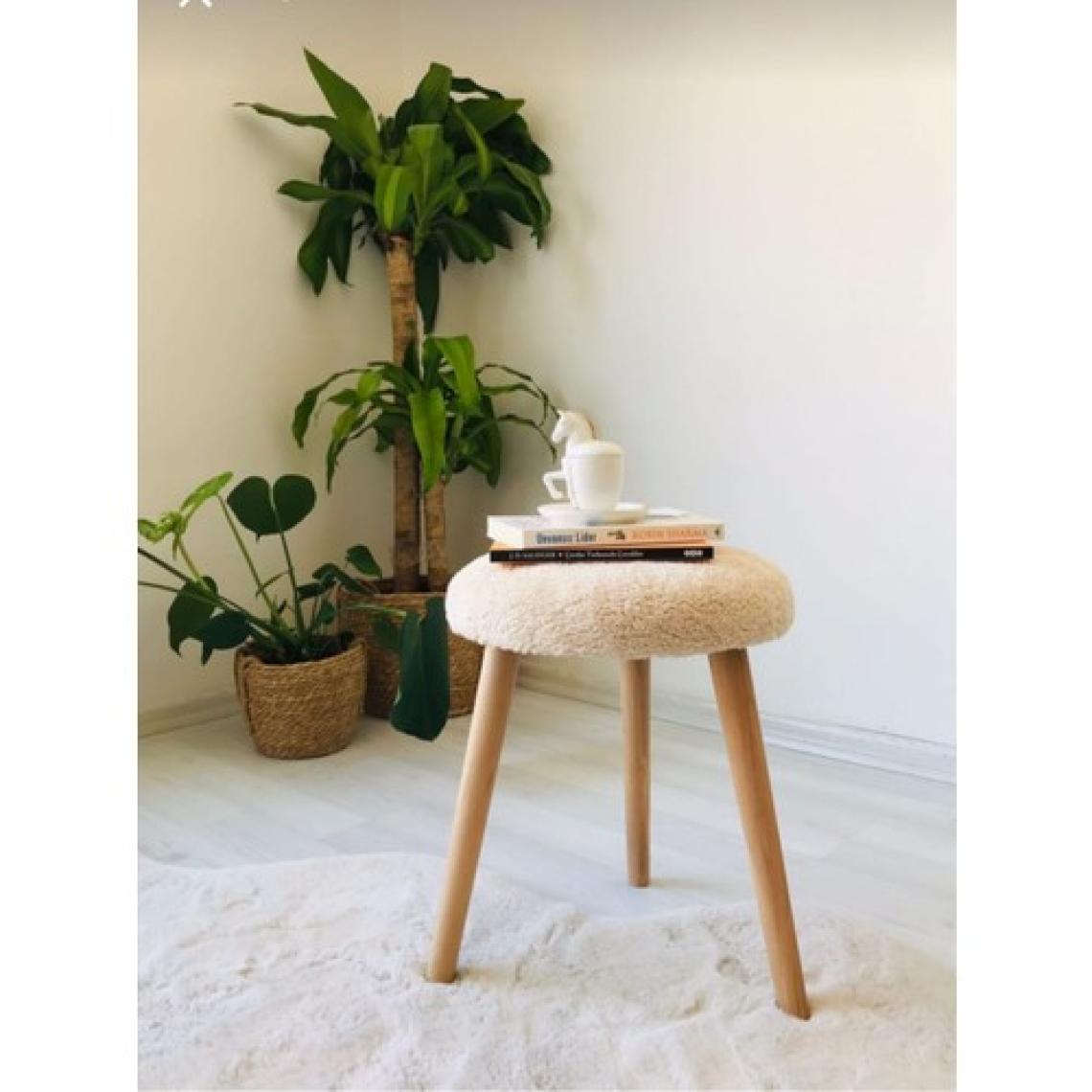 Beylerbeyi Gürgen Ahşap Retro Ayak Dekoratif krem Peluş Puf Tabure Bench Koltuk Sandalye