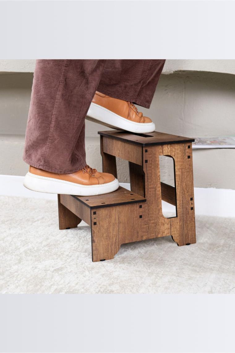 Vigo Wood Iki Basamaklı Tabure Kaymaz Alt Yüzeyli Yatak Taburesi Mutfak, Banyo Ahşap Merdiven