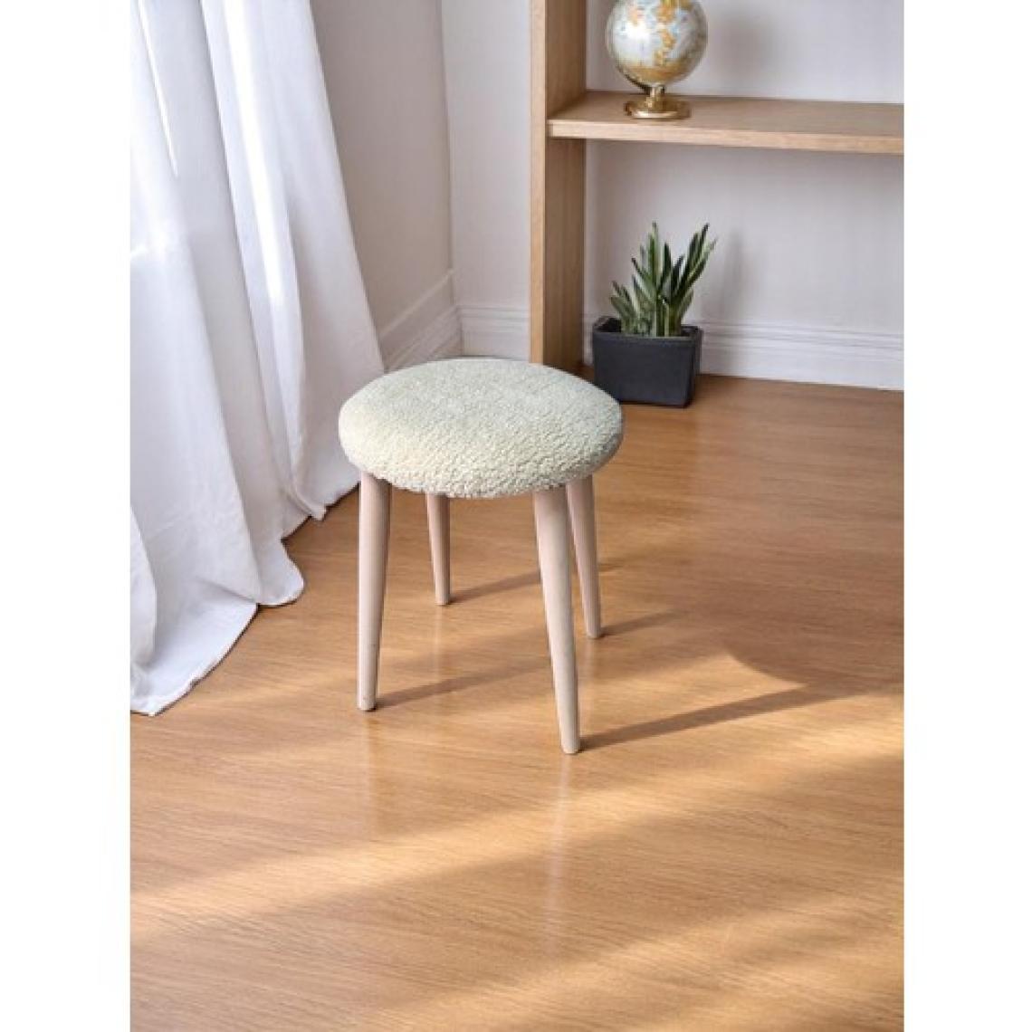 Teddy Kumaşlı Yuvarlak Tabure, Masif Ayaklı Tabure, Salon, Balkon, Makyaj Masası, Yemek Masası