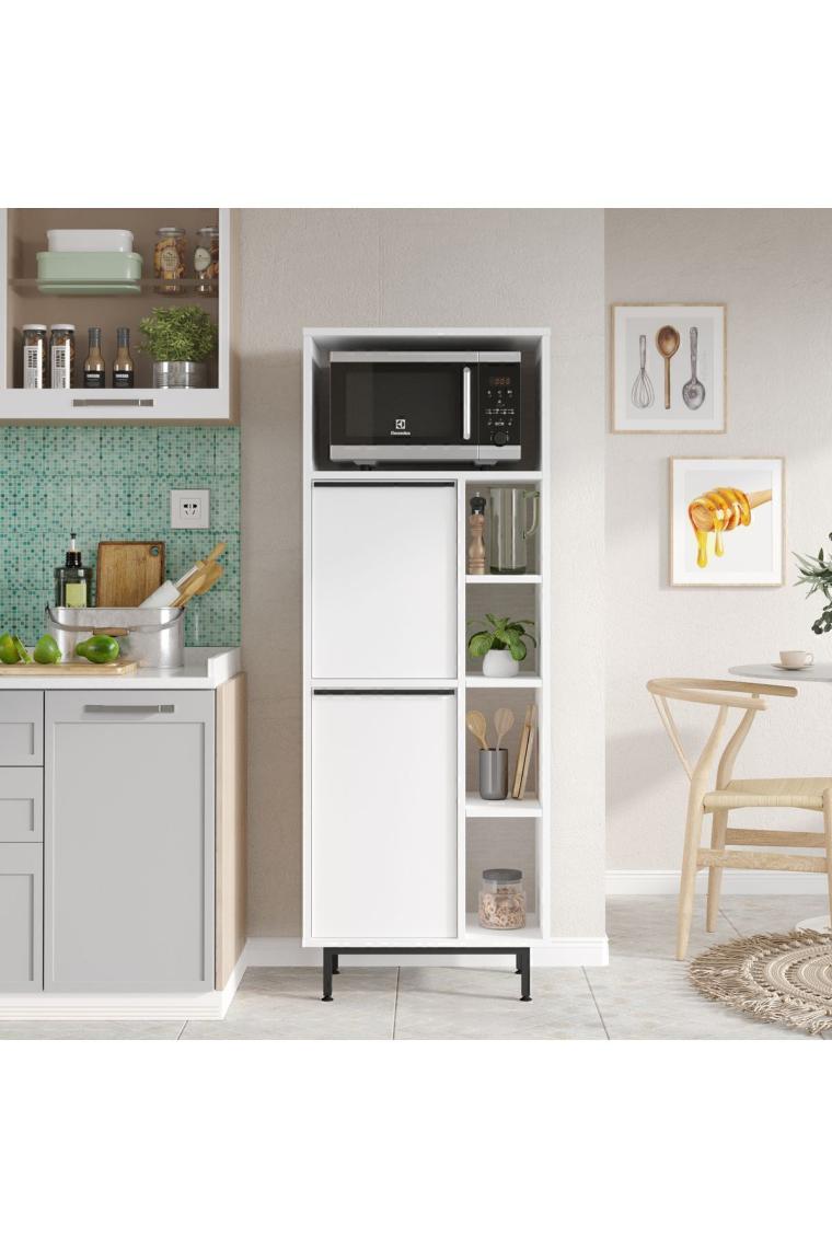 Yurudesign Ocean Mutfak Kiler Dolabı Mikrodalga 2 Kapaklı Raflı Metal Ayaklı Beyaz ON10A-W
