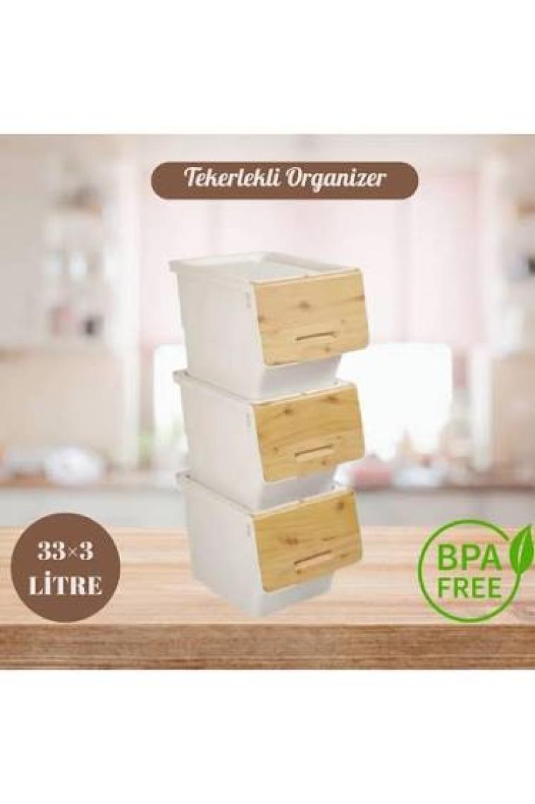 Geseus Motek Organızer Tekerlekli Eşya ve Erzak Kutusu 3X33 LT-MT05 Bambu Kapaklı