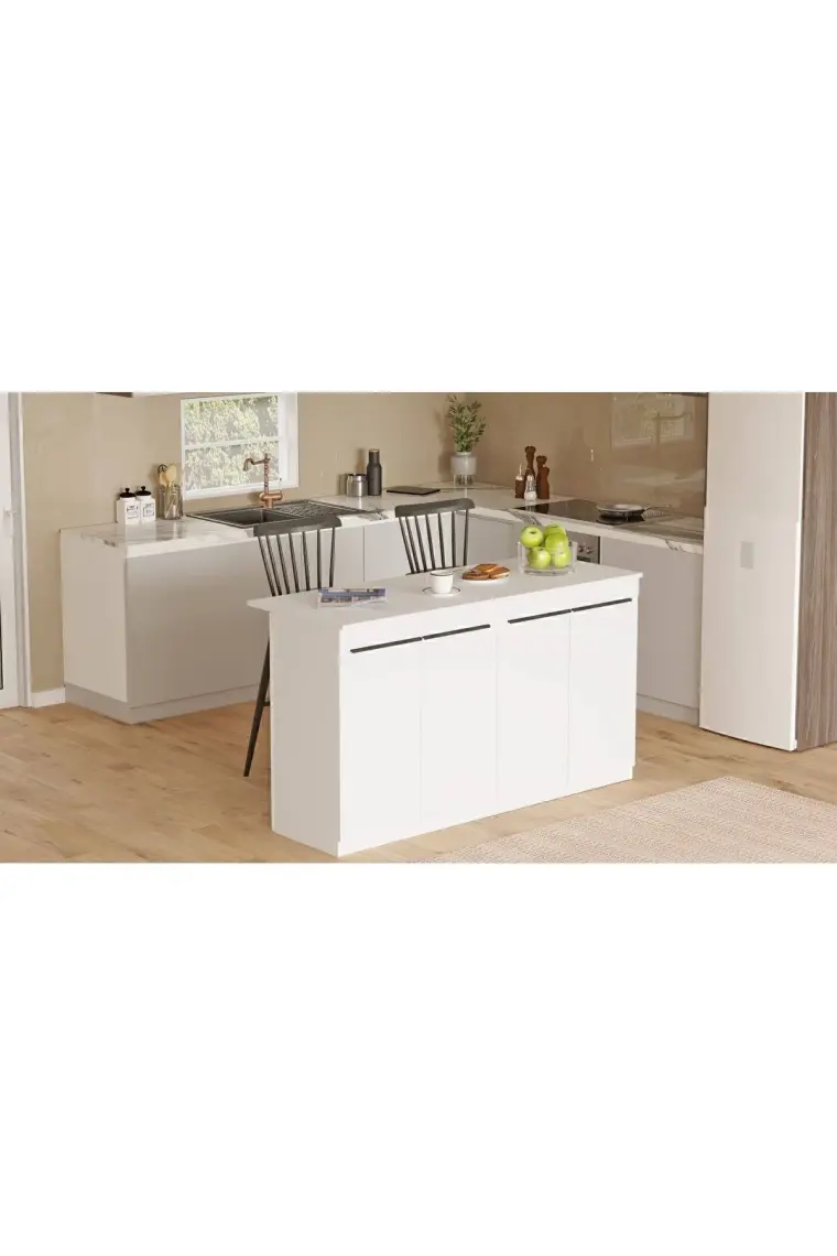 Yurudesign Orren Ada Mutfak Yemek Masası 4 Kapaklı 160CM Beyaz Or1-W