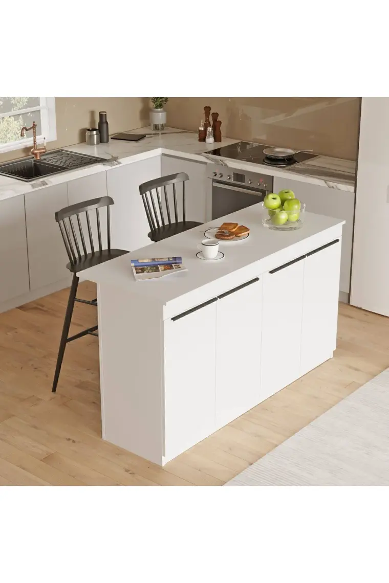 Yurudesign Orren Ada Mutfak Yemek Masası 4 Kapaklı 160CM Beyaz Or1-W
