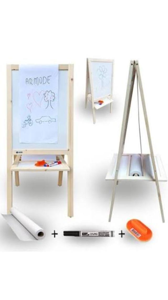 Armode Rulo Kağıtlı Çift Taraflı Ayaklı Ahşap Çocuk Yazı Tahtası Beyaz-Beyaz 115 x 50 cm