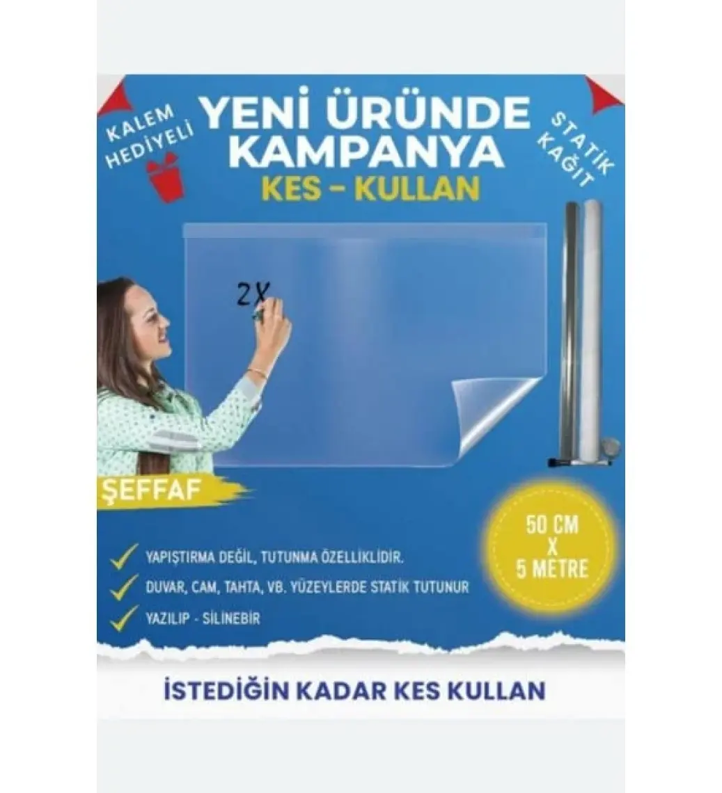 Pi Papers Kes Kullan Akıllı Kağıt - 5 Metre Şeffaf, Statik Tutunma ve Kağıt Tutucu Özellikli, Yazı Tahtası