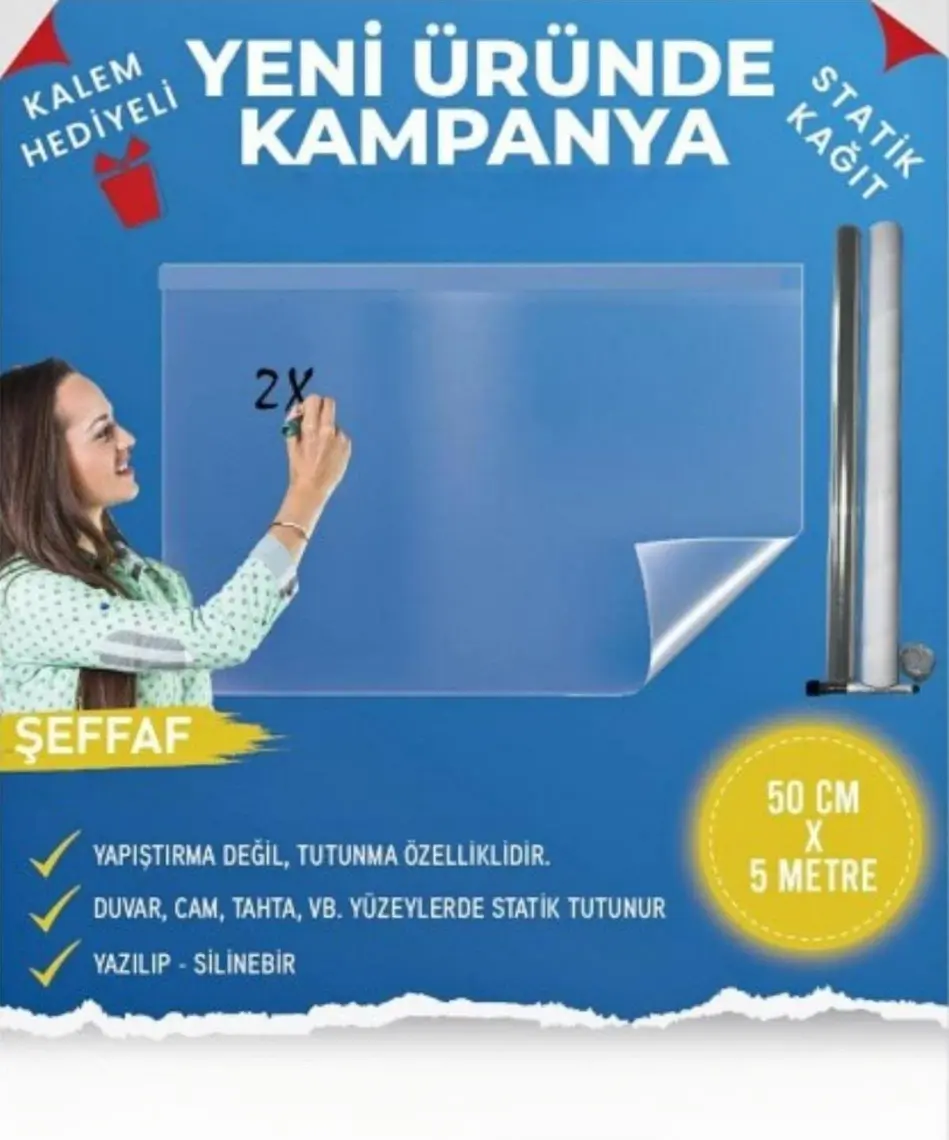 Pi Papers Kes Kullan Akıllı Kağıt - 5 Metre Şeffaf, Statik Tutunma ve Kağıt Tutucu Özellikli, Yazı Tahtası