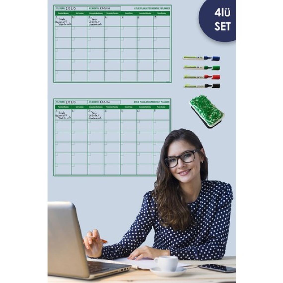 Tutunabilir Kağıt 2 Adet Aylık Planlayıcı Takvim Yazı Tahtası - 4 Adet Yazı Tahtası Kalemi - 1 Adet Keçeli Silgi