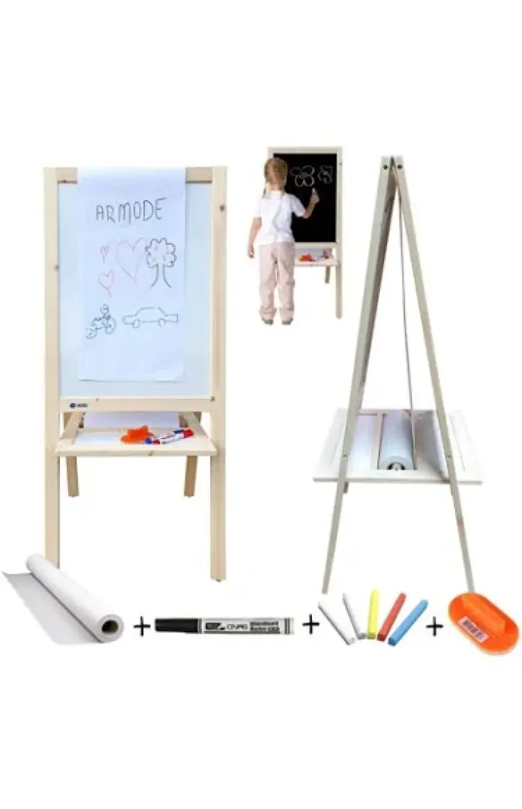 Armode Rulo Kağıtlı Çift Taraflı Ayaklı Ahşap Çocuk Yazı Tahtası Siyah-Beyaz 115 x 50 cm
