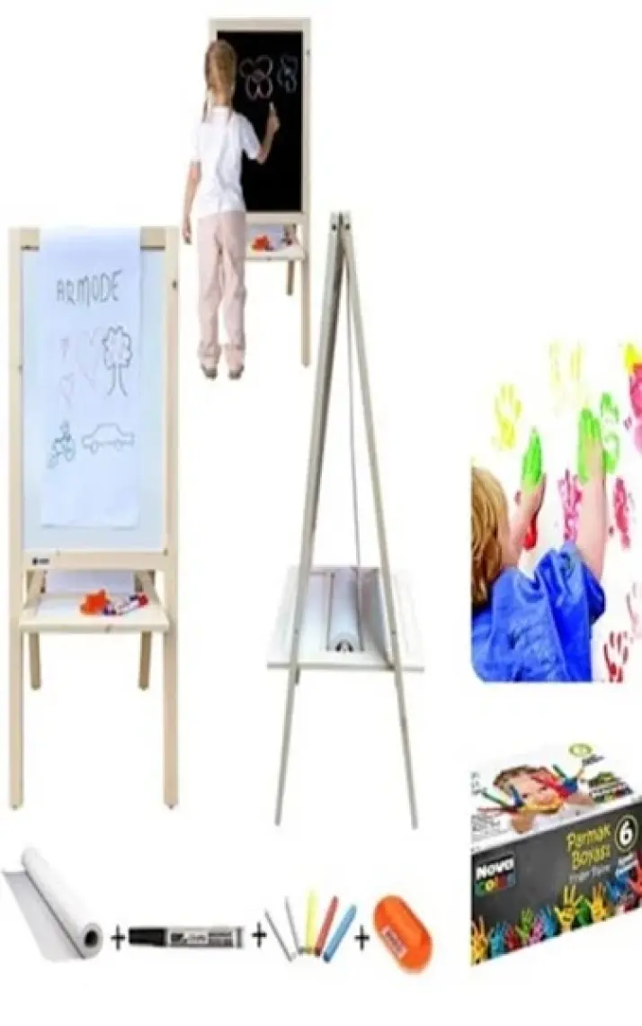 Armode Rulo Kağıtlı Çift Taraflı Ayaklı Ahşap Çocuk Yazı Tahtası Siyah-Beyaz 115 x 50 cm