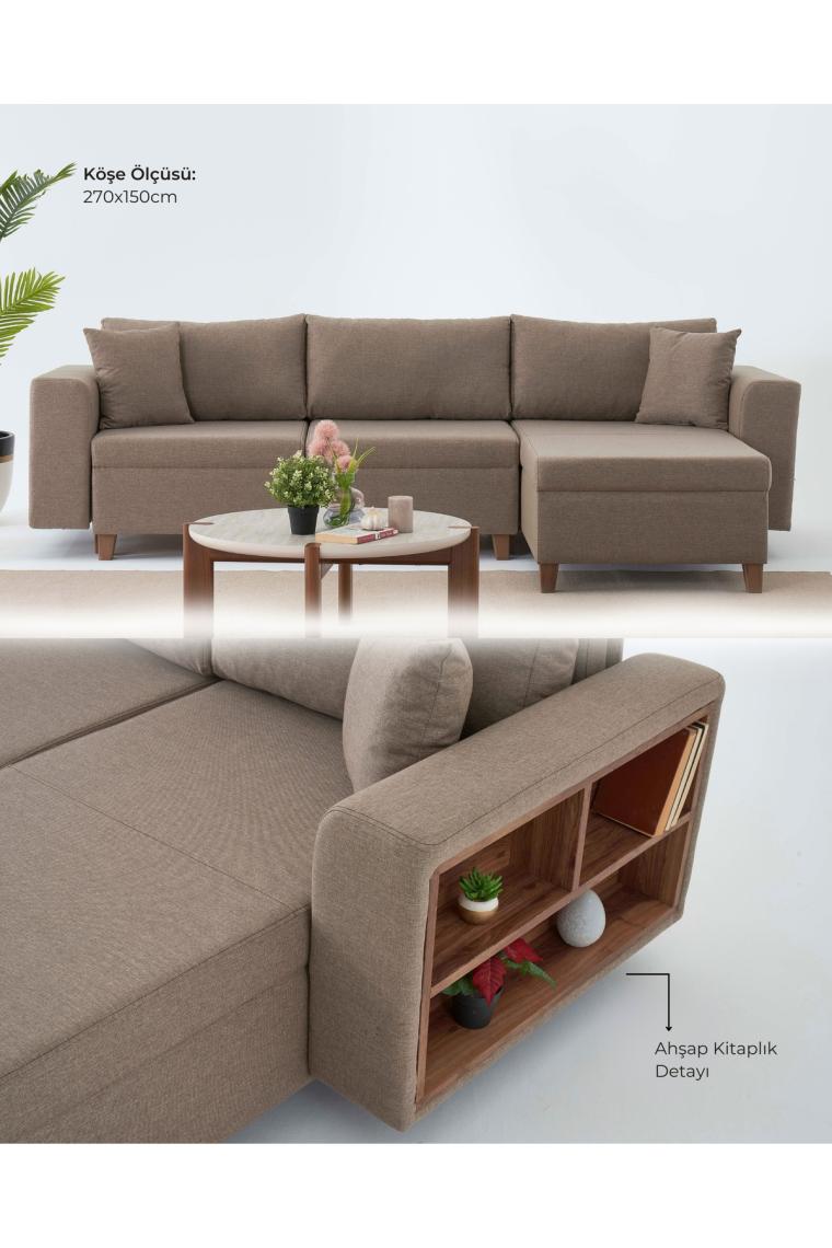 Velura Home & Living Rengar Köşe Takımı & Yataklı Bazalı Keten Kumaş Köşe Koltuk Takımı - Krem