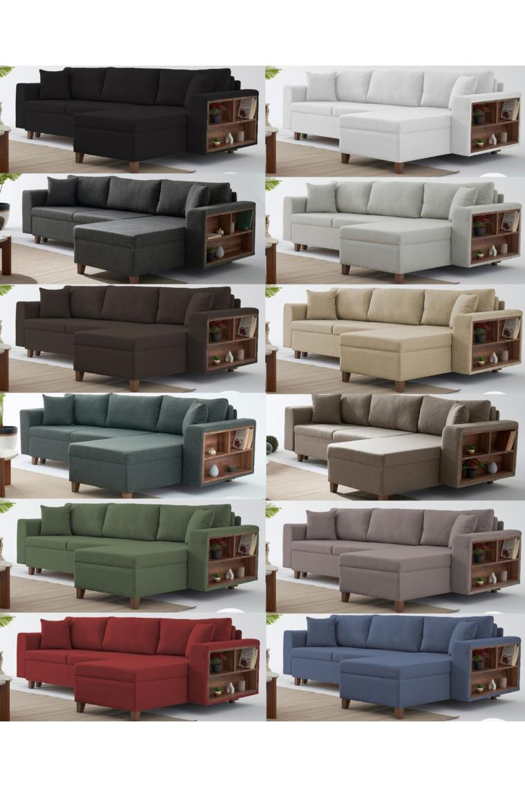 Velura Home & Living Rengar Köşe Takımı & Yataklı Bazalı Keten Kumaş Köşe Koltuk Takımı - Krem