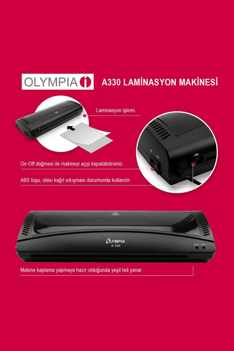 Olympia A330 A3 PVC Laminasyon Makinesi + 15 PVC Film – Belgeler için Dayanıklı ve Profesyonel Kaplama