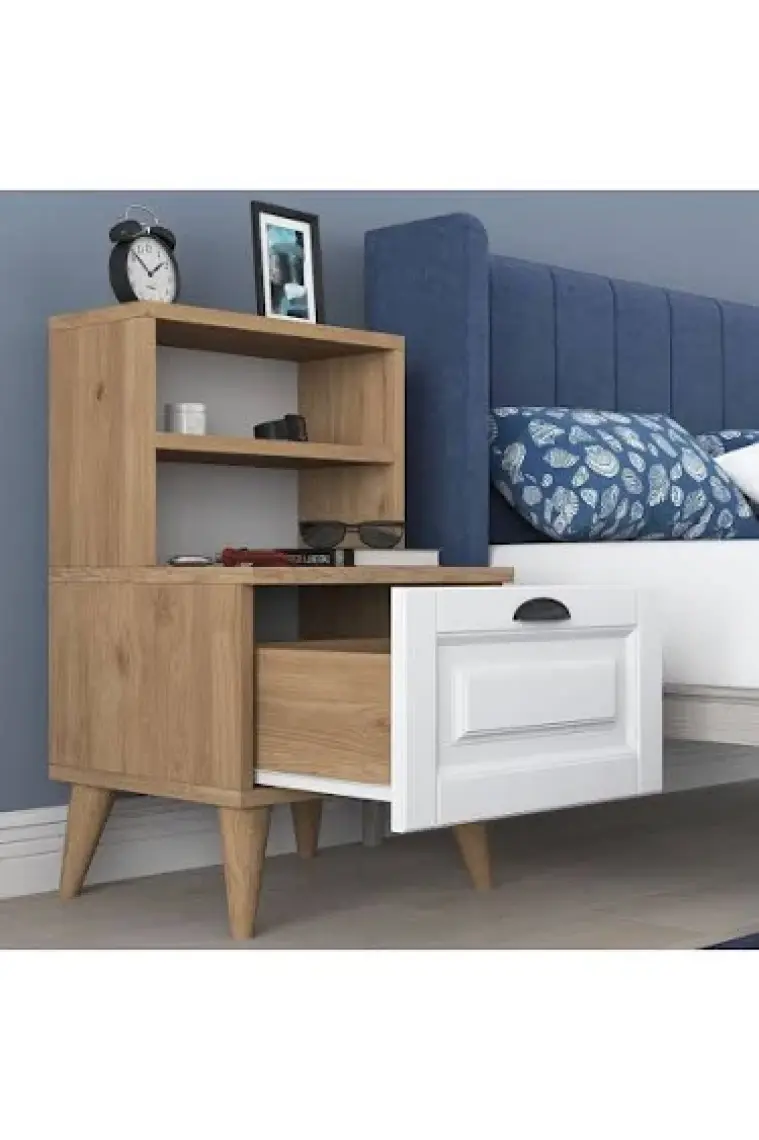 Rani BD105 Komodin 2 Raflı Membran Çekmeceli Komodin Sepet Ceviz - Beyaz