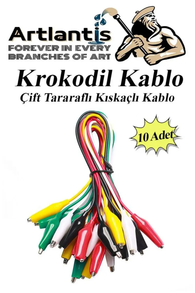 Artlantis Krokodil Kablo 52 cm 10 Lu 1 Paket Timsah Ağızlı Iki Tarafı Kıskaçlı Kablo Elektrik Deney Kablosu Klipsli