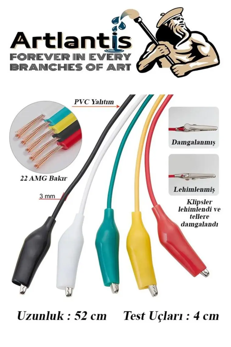 Artlantis Krokodil Kablo 52 cm 10 Lu 1 Paket Timsah Ağızlı Iki Tarafı Kıskaçlı Kablo Elektrik Deney Kablosu Klipsli
