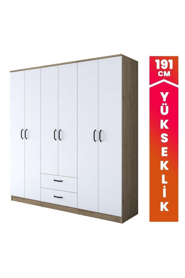 Rani Ba115 Geniş Gardırop Elbise Dolabı 6 Kapaklı 2 Çekmeceli 5 Raflı 3 Askılı Sepet Ceviz - Beyaz