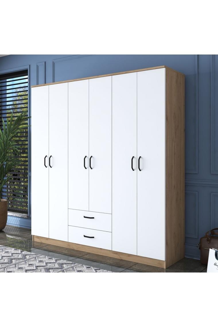 Rani Ba115 Geniş Gardırop Elbise Dolabı 6 Kapaklı 2 Çekmeceli 5 Raflı 3 Askılı Sepet Ceviz - Beyaz