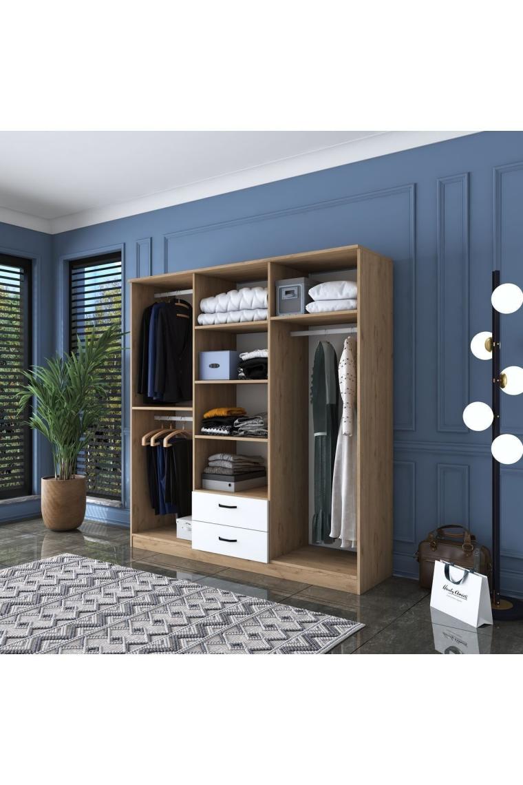 Rani Ba115 Geniş Gardırop Elbise Dolabı 6 Kapaklı 2 Çekmeceli 5 Raflı 3 Askılı Sepet Ceviz - Beyaz