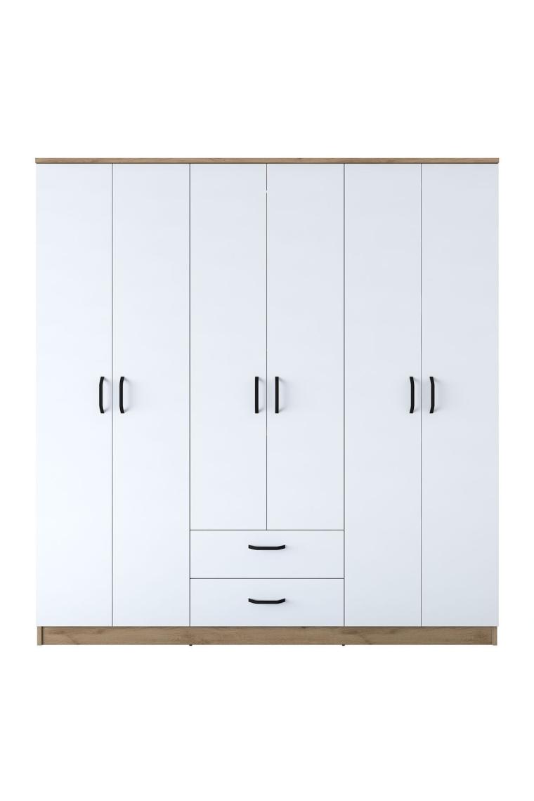 Rani Ba115 Geniş Gardırop Elbise Dolabı 6 Kapaklı 2 Çekmeceli 5 Raflı 3 Askılı Sepet Ceviz - Beyaz