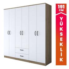 Rani Ba115 Geniş Gardırop Elbise Dolabı 6 Kapaklı 2 Çekmeceli 5 Raflı 3 Askılı Sepet Ceviz - Beyaz