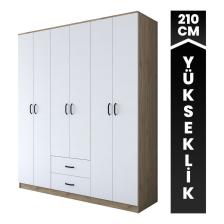 Rani Ba113 Geniş Gardırop Elbise Dolabı 6 Kapaklı 2 Çekmeceli 5 Raflı 3 Askılı Sepet Ceviz - Beyaz