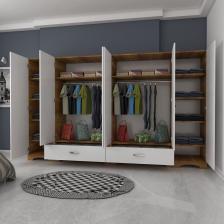 Rani F4 Geniş Gardırop Elbise Dolabı 6 Kapılı 2 Çekmeceli 2 Askılı Tek Modül Minyatür Ceviz - Beyaz