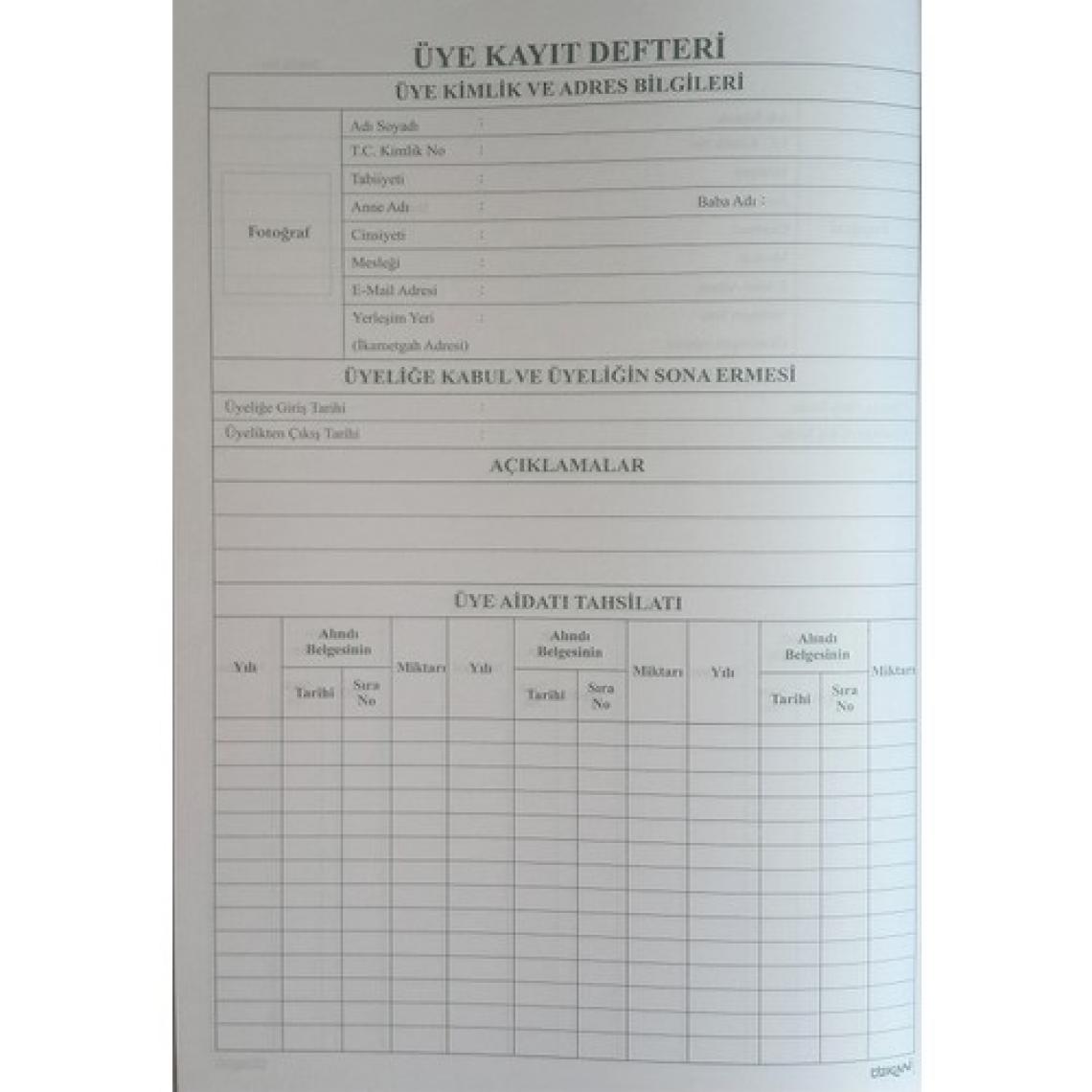 Özkan Üye Kayıt Defteri Ciltli 192 Yaprak