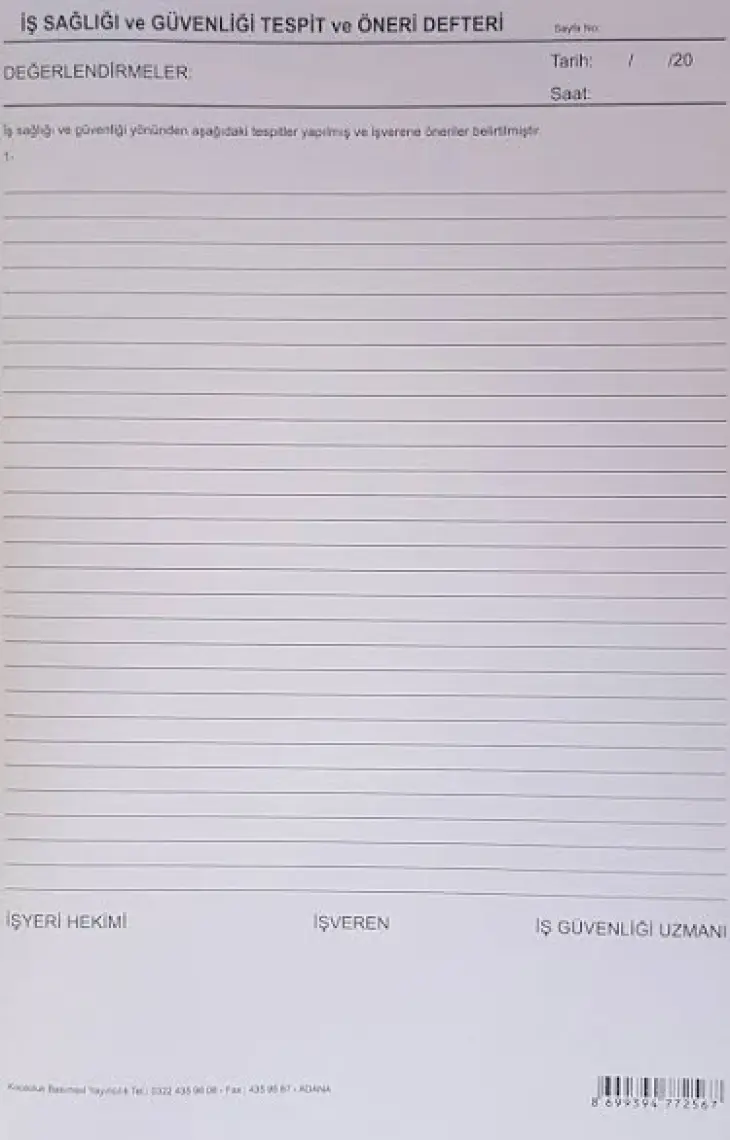 Kocaoluk İş Sağlığı Ve Güvenliği Tespit Ve Öneri Defteri (3x50 Numaratörlü)