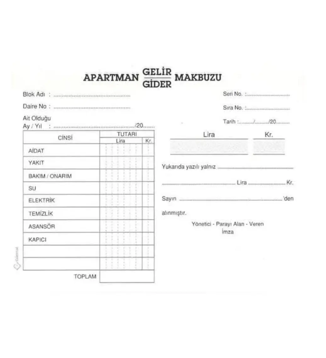 Gürmat Apartman Makbuzu Otokopili 2-50 Gürmat Apartman Gelir Gider Makbuzu Kendinden Karbonlu 50 Sayfa 6'lı