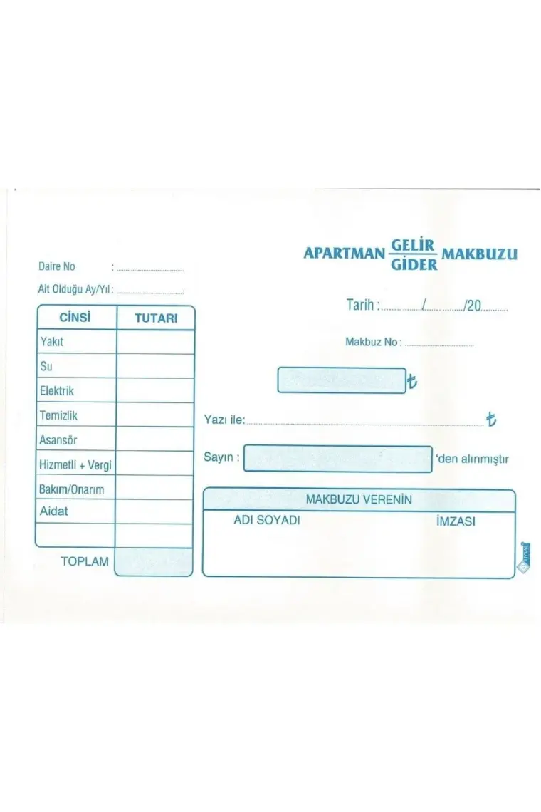 Uysal Otokopili Apartman Gelir Gider Makbuzu