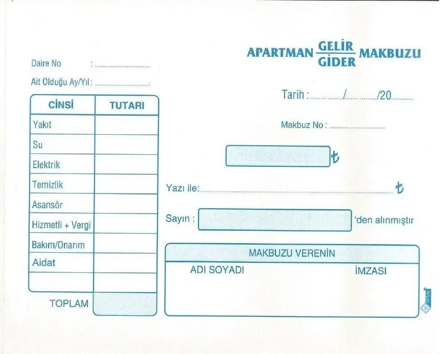 Uysal Otokopili Apartman Gelir Gider Makbuzu