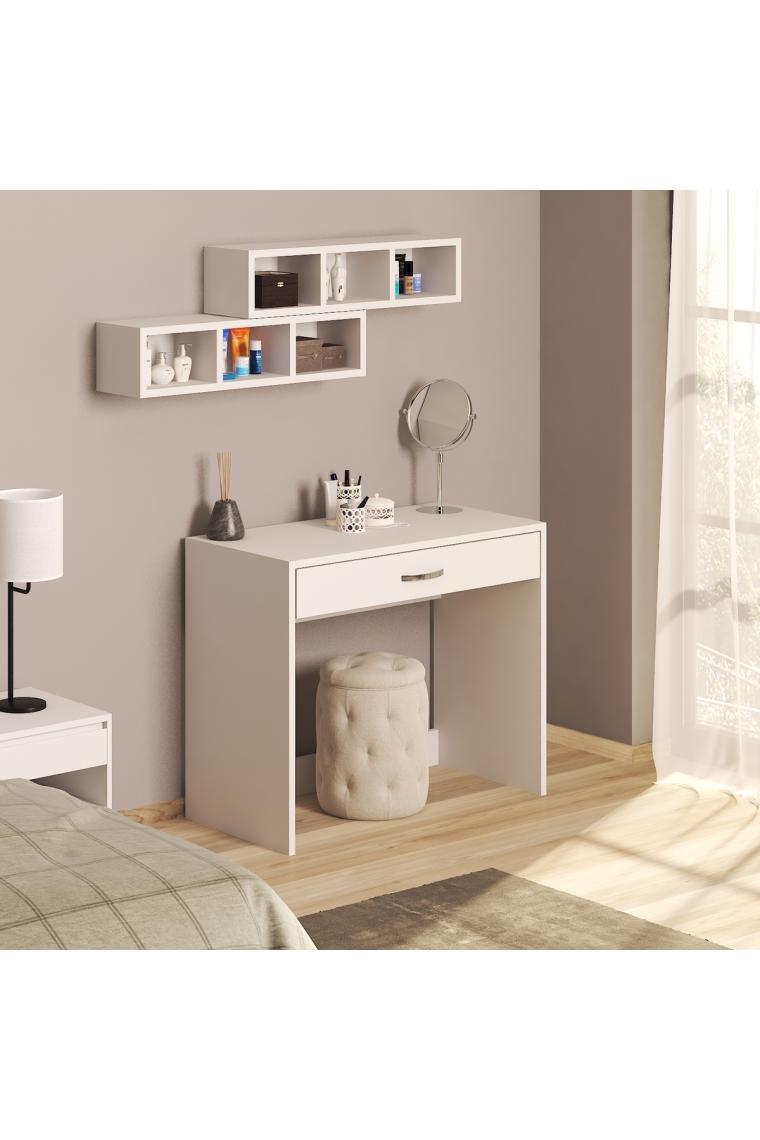 Bicabin Arya Novella Raflı ve Çekmeceli Beyaz Makyaj Masası/Dresuar/Calışma Masası Make Up Desk