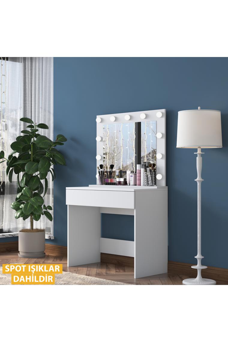 Rani BJ120 Hollywood Işıklı Aynalı Kulis Makyaj Masası Takı Düzenleyici Beyaz