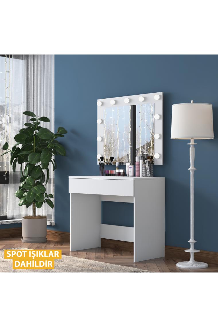 Rani BJ120 Hollywood Işıklı Aynalı Kulis Makyaj Masası Takı Düzenleyici Beyaz