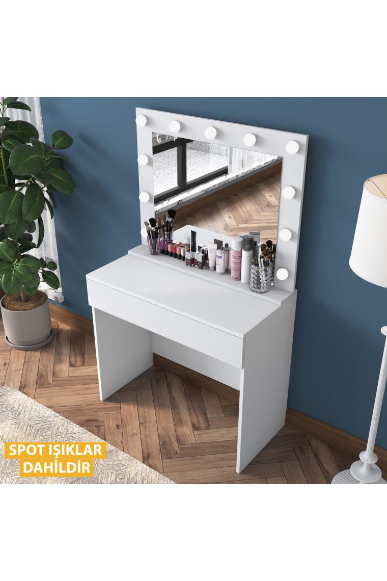 Rani BJ120 Hollywood Işıklı Aynalı Kulis Makyaj Masası Takı Düzenleyici Beyaz