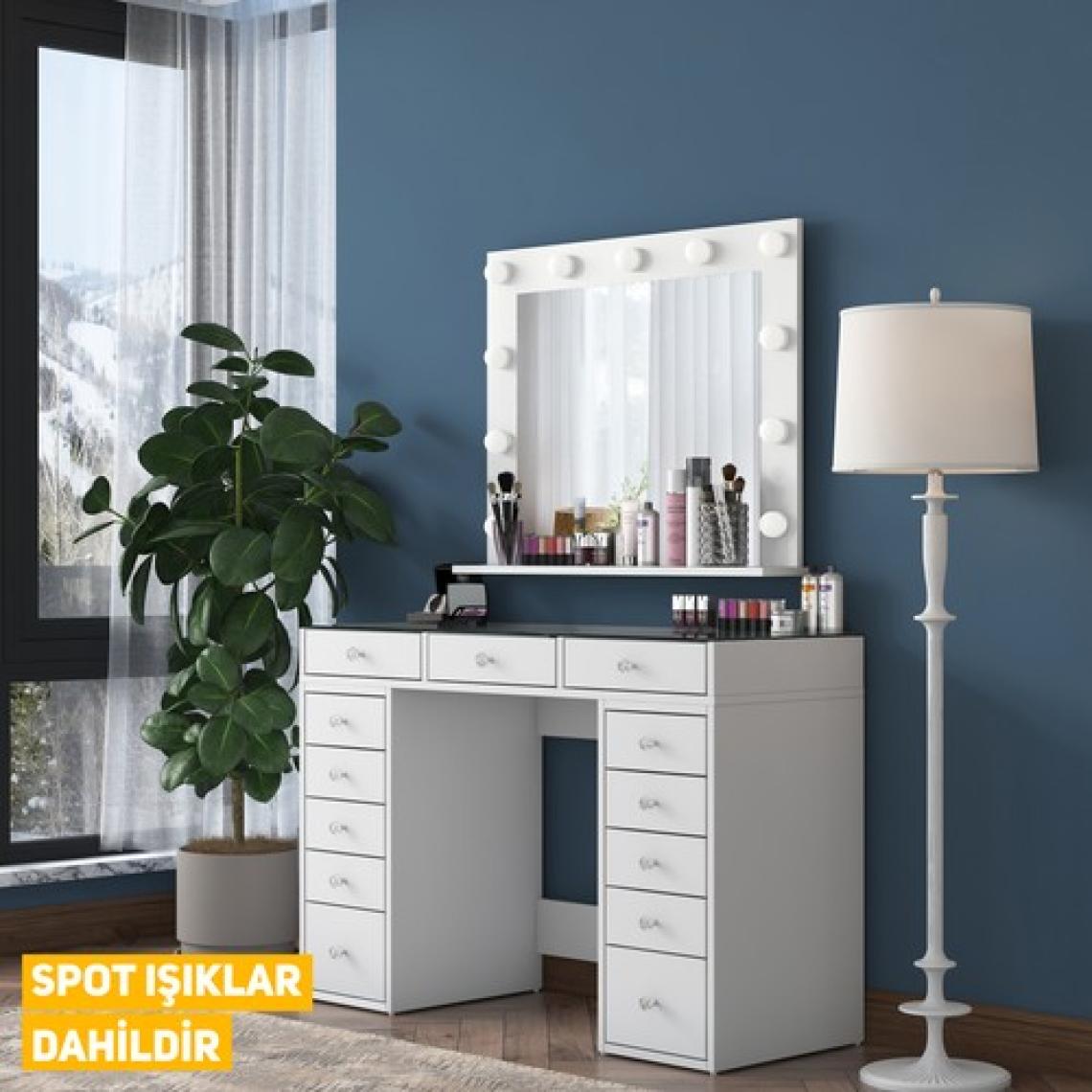 Rani BJ118 Hollywood Işıklı Aynalı Kulis Makyaj Masası Cam Tablalı 13 Çekmeceli Takı Düzenleyici Beyaz