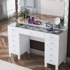 Rani BJ137 Hollywood Işıklı Aynalı Kulis Makyaj Masası Cam Tablalı 11 Çekmeceli Takı Düzenleyici Beyaz