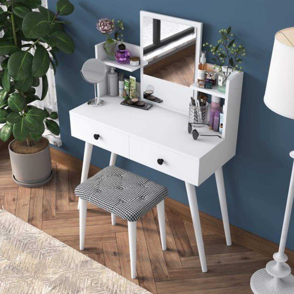 Rani BJ102 Makyaj Masası 2 Çekmeceli Raflı Aynalı Takı Düzenleyici  + Tabure Takım Beyaz