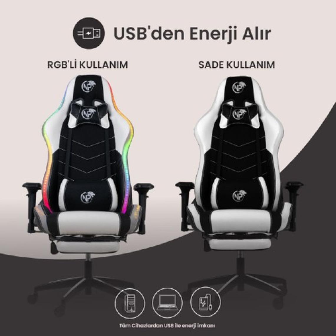 Npo GC3001BW Masaj Yastıklı, Rgb LED Işıklı, 4d Kolçaklı, Ayak Destekli Profesyonel Oyuncu Koltuğu