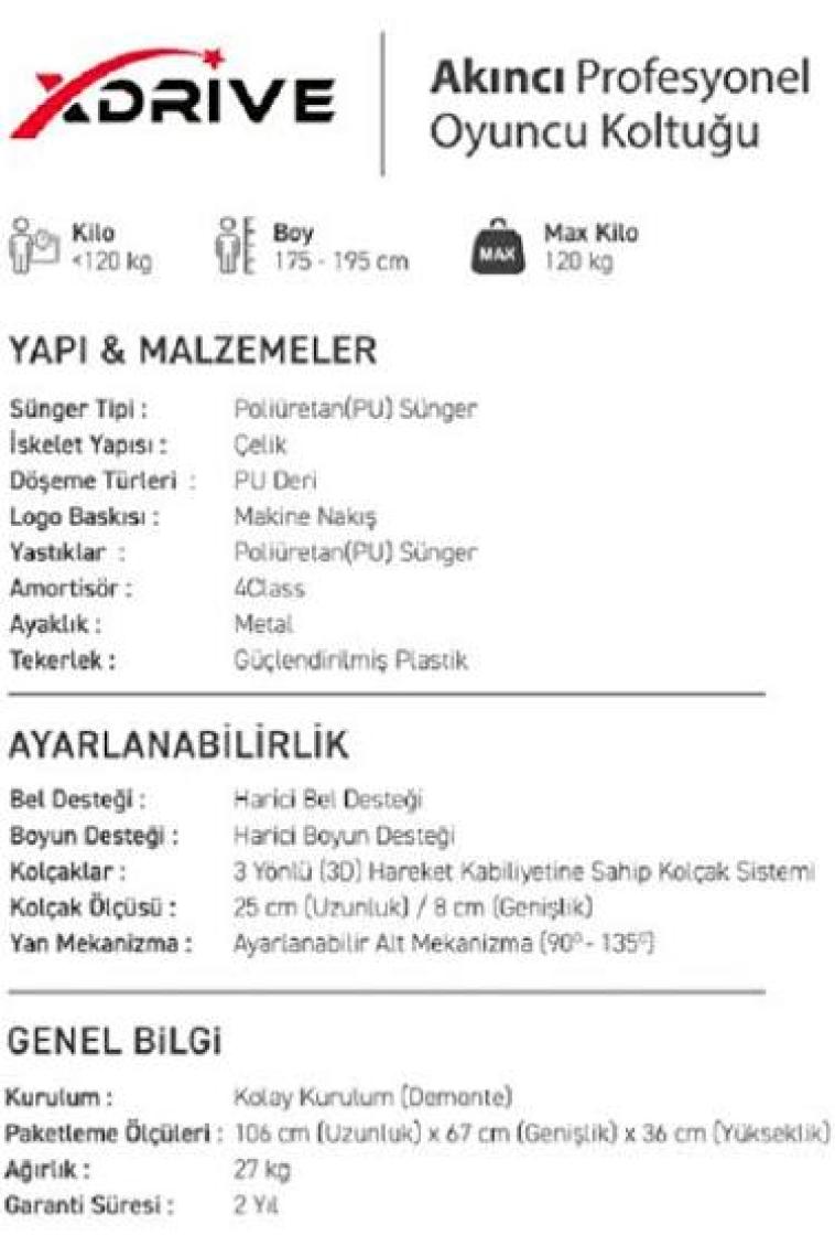 Xdrive Akıncı Profesyonel Oyun | Oyuncu Koltuğu Kırmızı/siyah