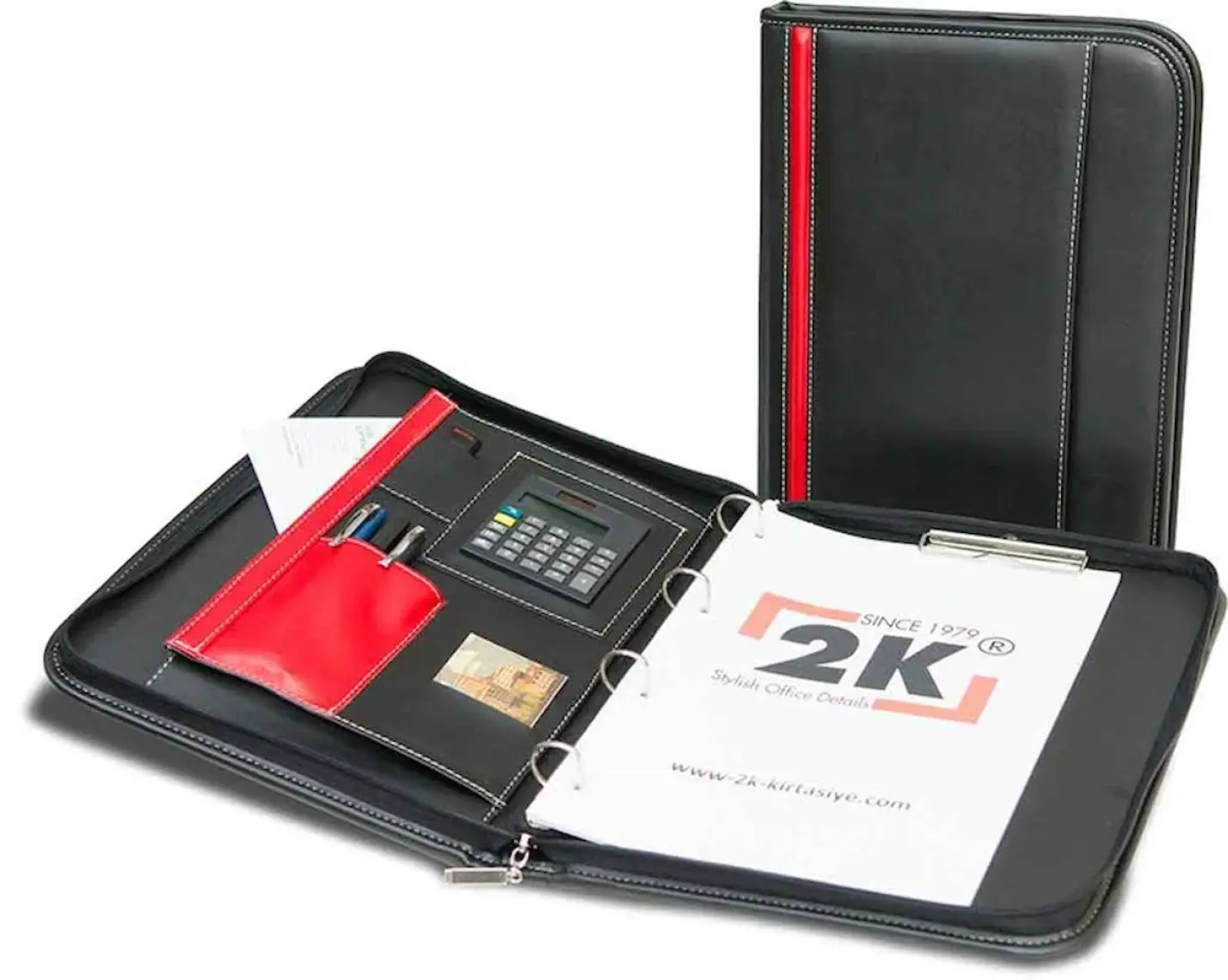 2K A4 Suni Deri Fermuarlı Sekreterlik ve 4 Halkalı El Portföyü Hesap Makinalı 200 Yaprak Siyah